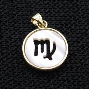 White MOP Shell Circle Pendant Zodiac Virgo Gold Plated, approx 14mm dia