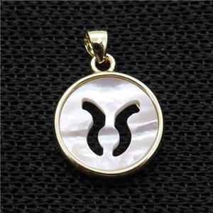 White MOP Shell Circle Pendant Zodiac Leo Gold Plated, approx 14mm dia