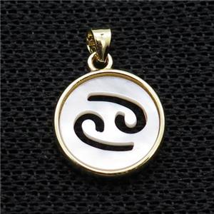 White MOP Shell Circle Pendant Zodiac Cancer Gold Plated, approx 14mm dia