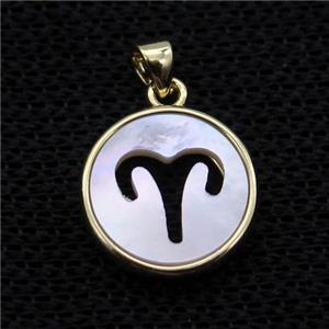 White MOP Shell Circle Pendant Zodiac Aries Gold Plated, approx 14mm dia