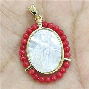 MOP Shell Virgin Mary Pendant With Red Lacquered Glass Gold Plated, approx 21-25mm