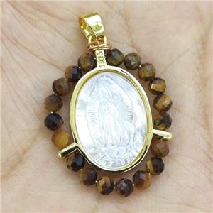 MOP Shell Virgin Mary Pendant With Tiger Eye Stone Gold Plated, approx 21-25mm