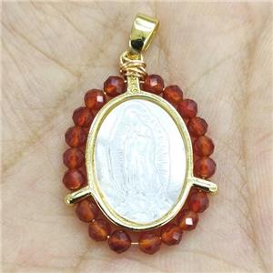MOP Shell Virgin Mary Pendant With Red Crystal Glass Gold Plated, approx 21-25mm