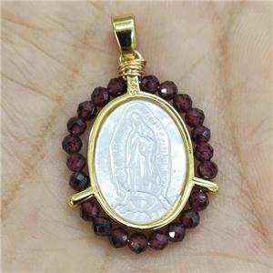 MOP Shell Virgin Mary Pendant With Purple Crystal Glass Gold Plated, approx 21-25mm