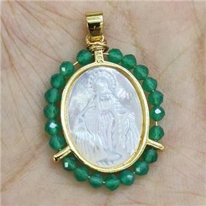 MOP Shell Virgin Mary Pendant With Green Crystal Glass Gold Plated, approx 21-25mm