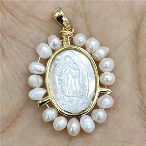 MOP Shell Virgin Mary Pendant With Pearl Wire Wrapped Gold Plated, approx 21-25mm