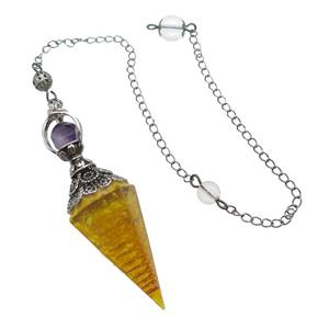 Yellow Citrine Chips Resin Pendulum Pendant Antique Silver, approx 20-60mm, 6mm, 20cm chain