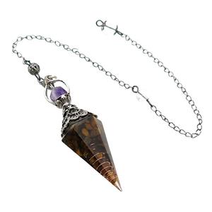 Tiger Eye Stone Chips Resin Pendulum Pendant Antique Silver, approx 20-60mm, 6mm, 20cm chain