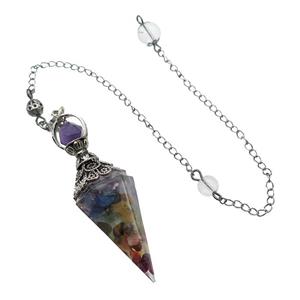 Mixed Gemstone Chips Resin Pendulum Pendant Antique Silver, approx 20-60mm, 6mm, 20cm chain