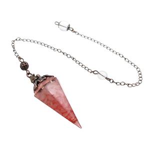 Pink Rose Quartz Chips Resin Pendulum Pendant Antique Red, approx 20-40mm, 20cm chain