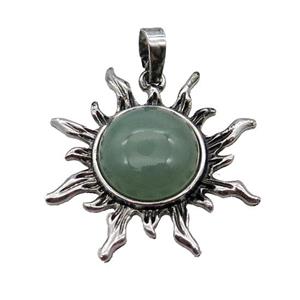 Green Aventurine Sun Alloy Pendant Antique Silver, approx 33mm