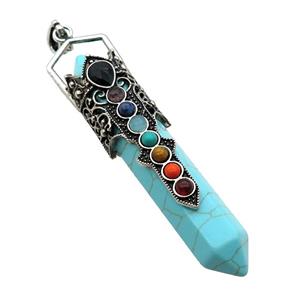 Blue Dye Turquoise Prism Pendant Alloy Chakra Antique Silver, approx 14-75mm