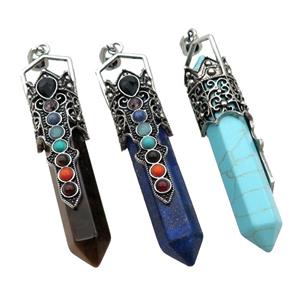 Mix Gemstone Prism Pendant Alloy Chakra Antique Silver, approx 14-75mm