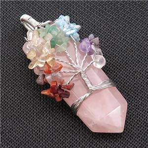 Pink Rose Quartz Bullet Pendant Chakra Tree Wire Wrapped, approx 23-56mm