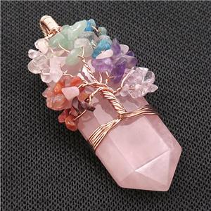 Pink Rose Quartz Bullet Pendant Chakra Tree Rose Gold Wire Wrapped, approx 23-56mm