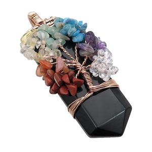 Black Onyx Agate Bullet Pendant Chakra Tree Rose Gold Wire Wrapped, approx 23-56mm