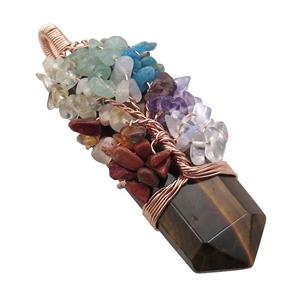 Tiger Eye Stone Bullet Pendant Chakra Tree Rose Gold Wire Wrapped, approx 23-56mm