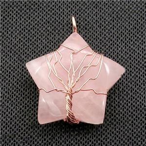 Pink Rose Quartz Star Pendant Tree Wire Wrapped, approx 30mm