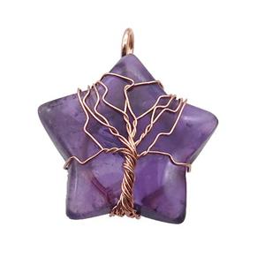 Purple Amethyst Star Pendant Tree Wire Wrapped, approx 30mm