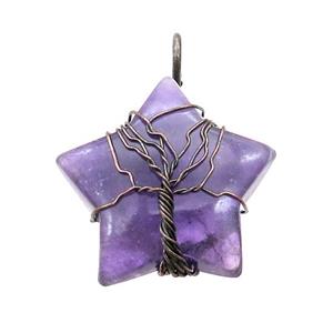 Purple Amethyst Star Pendant Tree Wire Wrapped, approx 30mm