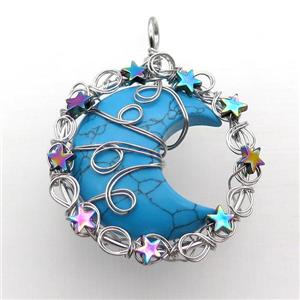 Blue Turquoise Moon Pendant Wire Wrapped, approx 46mm