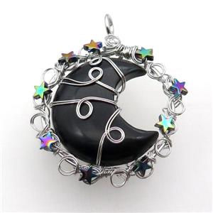 Black Onyx Agate Moon Pendant Wire Wrapped, approx 46mm
