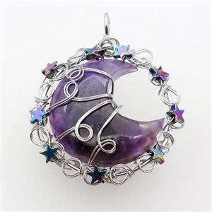 Purple Amethyst Moon Pendant Wire Wrapped, approx 46mm
