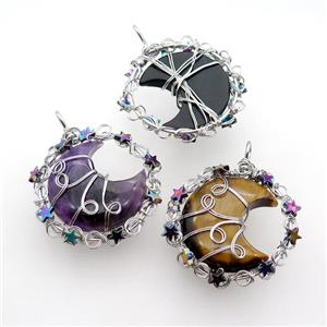 Mix Gemstone Moon Pendant Wire Wrapped, approx 46mm