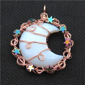 White Opalite Moon Pendant Wire Wrapped, approx 46mm