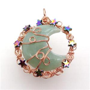 Green Aventurine Moon Pendant Wire Wrapped, approx 46mm