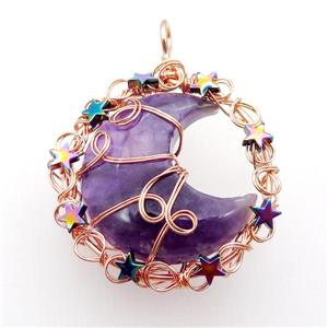 Purple Amethyst Moon Pendant Wire Wrapped, approx 46mm