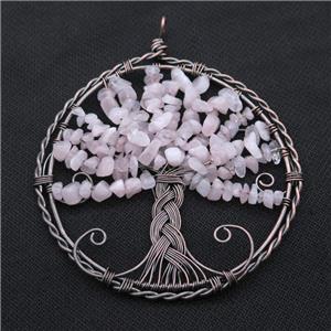 Pink Rose Quartz Chip Tree Of Life Pendant Wire Wrapped Antique Red, approx 100mm