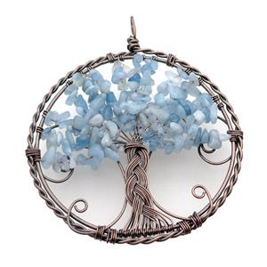 Blue Aquamarine Chip Tree Of Life Pendant Wire Wrapped Antique Red, approx 100mm