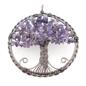 Purple Amethyst Chip Tree Of Life Pendant Wire Wrapped Antique Red, approx 100mm