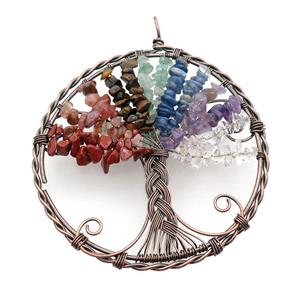Mixed Gemstone Tree Of Life Pendant Chakra Wire Wrapped Antique Red, approx 100mm