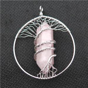 Pink Rose Quartz Tree Of Life Pendant Alloy Wire Wrapped, approx 50-70mm