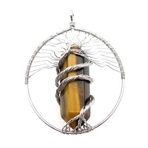 Tiger Eye Stone Tree Of Life Pendant Alloy Wire Wrapped, approx 50-70mm