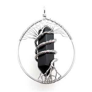 Black Onyx Agate Tree Of Life Pendant Alloy Wire Wrapped, approx 50-70mm