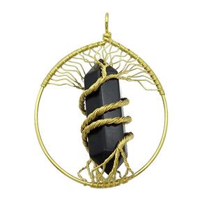 Black Onyx Agate Tree Of Life Pendant Alloy Wire Wrapped Gold Plated, approx 50-70mm