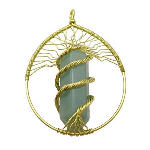 Green Aventurine Tree Of Life Pendant Alloy Wire Wrapped Gold Plated, approx 50-70mm