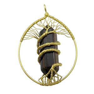 Tiger Eye Stone Tree Of Life Pendant Alloy Wire Wrapped Gold Plated, approx 50-70mm
