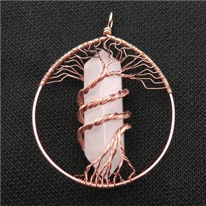 Pink Rose Quartz Tree Of Life Pendant Alloy Wire Wrapped Rose Gold, approx 50-70mm