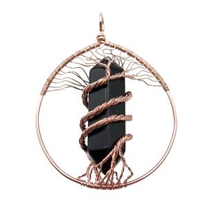 Black Onyx Agate Tree Of Life Pendant Alloy Wire Wrapped Rose Gold, approx 50-70mm