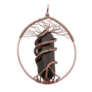 Tiger Eye Stone Tree Of Life Pendant Alloy Wire Wrapped Rose Gold, approx 50-70mm