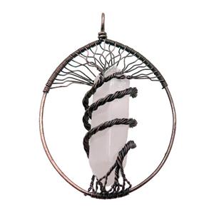 Rose Quartz Tree Of Life Pendant Alloy Wire Wrapped Antique Red, approx 50-70mm