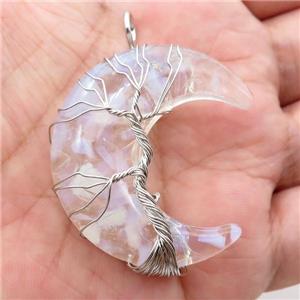 Resin Moon Pendant With Opalite Chip Tree Wire Wrapped, approx 36-42mm