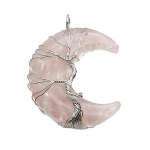 Resin Moon Pendant With Rose Quartz Chip Tree Wire Wrapped, approx 36-42mm