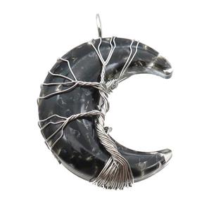 Resin Moon Pendant With Obsidian Chip Tree Wire Wrapped, approx 36-42mm