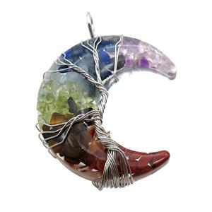 Resin Moon Pendant With Mix Gemstone Chip Tree Wire Wrapped, approx 36-42mm