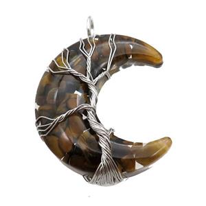 Resin Moon Pendant With Tiger Eye Chip Tree Wire Wrapped, approx 36-42mm